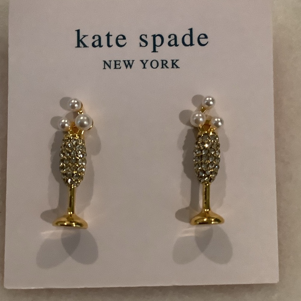 40. Kate Spade “Cheers to That” Gold Champagne Flute Stud Earrings, Brand New